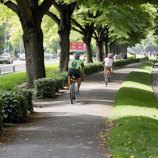 Велосипедная дорожка в зеленом парке с припаркованными велосипедами и аксессуарами на фоне ясного неба.