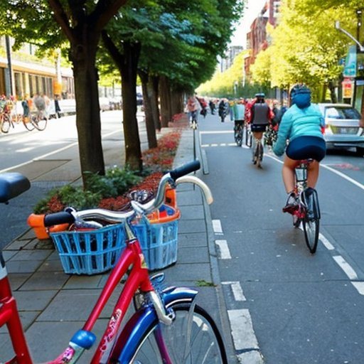Городская сцена с велосипедами на пешеходной дорожке, деревьями и знаками, поддерживающими велокультуру.