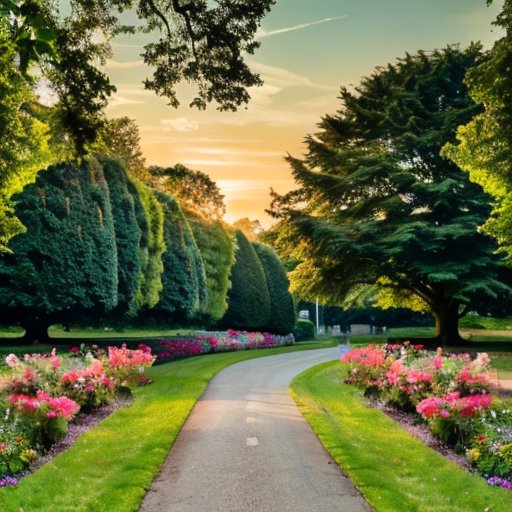 Спокойная беговая дорожка в зелёном парке с цветами и восходом солнца.