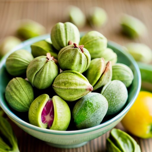 Чаша с зелеными фисташками на фоне овощей и фруктов, символизирующая сбалансированное питание.