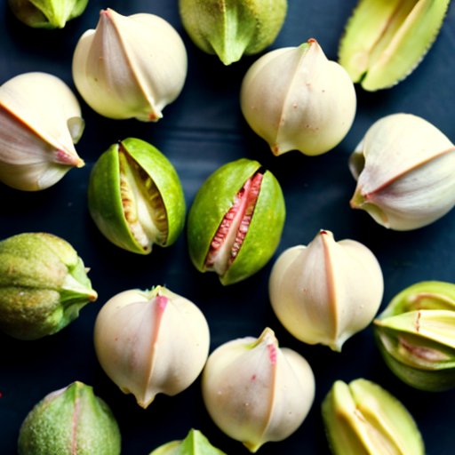 Яркая композиция фисташек в скорлупе и мерной чашке с очищенными фисташками на фоне свежих зеленых листьев.