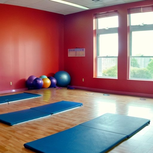 Современная фитнес-студия с ярким оборудованием и естественным светом.