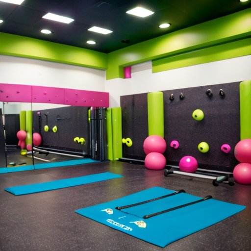 Яркая фитнес-студия с зонами для аэробики, силовых тренировок и йоги.