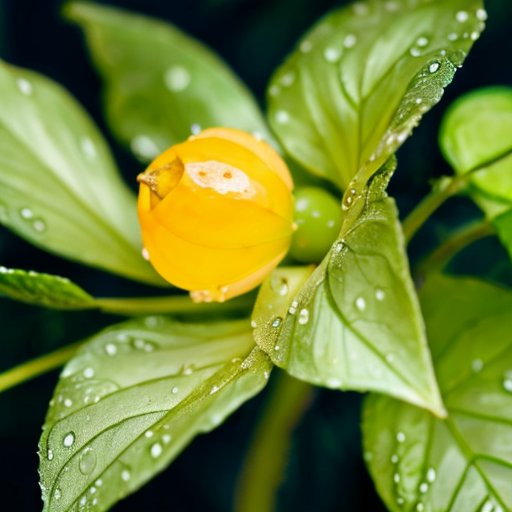 Спелый физалис в бумажной оболочке на фоне деревянного стола, окруженный зелеными листьями с каплями росы.