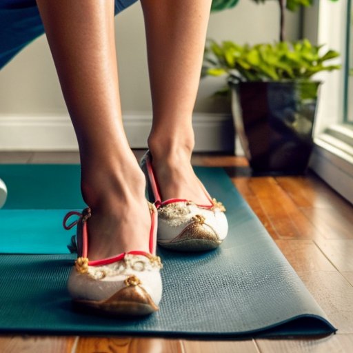 Уютное пространство для домашних тренировок с йога-матом, резиновыми лентами и гантелями на мягком ковре, зелёным растением и естественным светом.