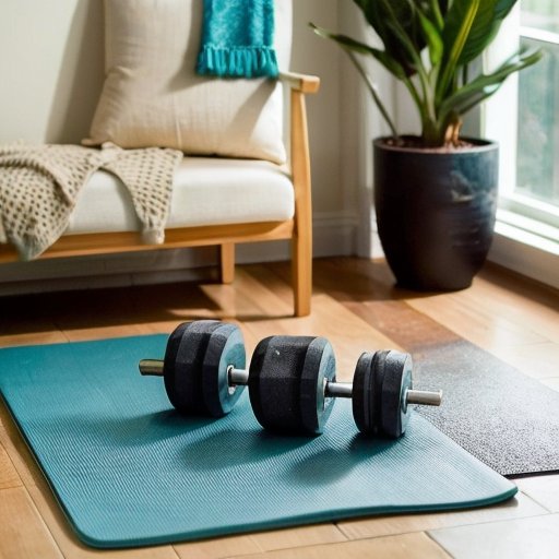 Спокойное пространство для домашних тренировок с йога-матом, резиновыми лентами, гантелями, растением и бутылкой воды.