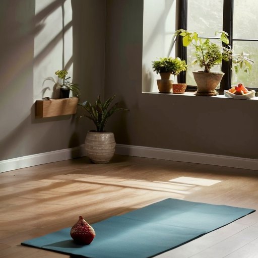 Спокойная обстановка для йоги с матом, бутылкой воды и фруктами.