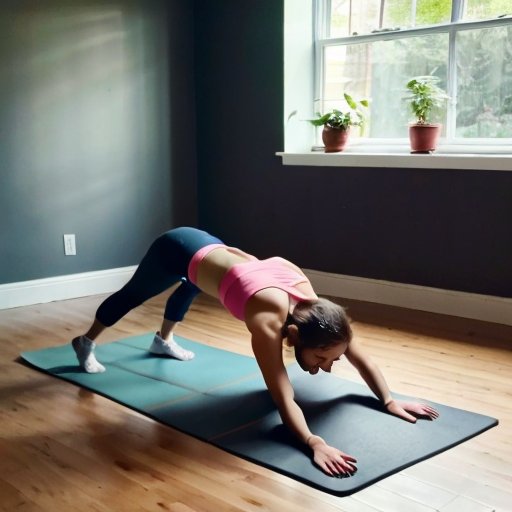 Уютное пространство для домашних тренировок с йога-матом, эспандерами и легкими гантелями, украшенное растением и бутылкой воды.