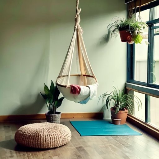 Спокойное пространство для флай-йоги с яркими гамаком, мягкими ковриками и успокаивающим освещением.