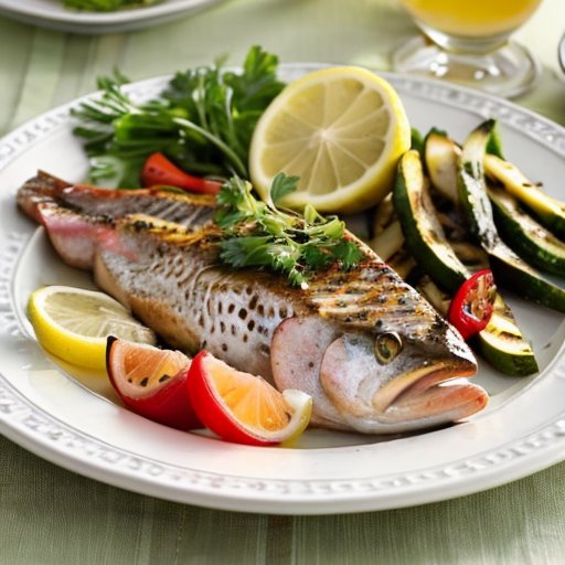 Уютный ужин: тарелка с жареной форелью, свежими травами, лимоном и цветными запечёнными овощами.