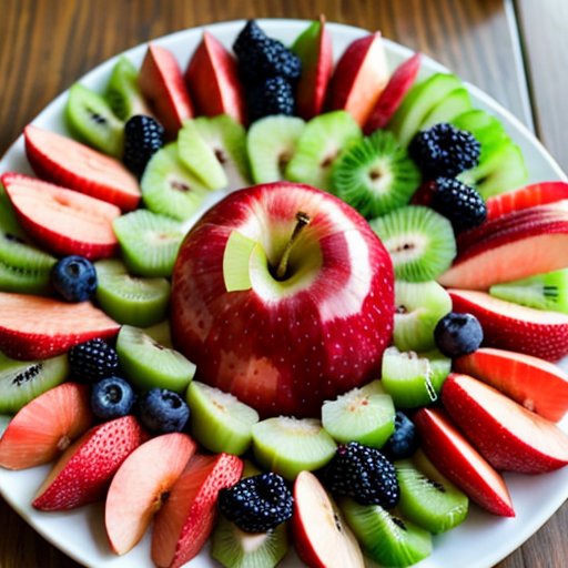 Японская фруктовая тарелка с яблоками, грейпфрутами, клубникой, черникой и киви на деревянном столе, украшенная лепестками сакуры.