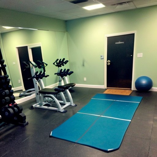 Организованный тренировочный зал с оборудованием для полного тела, яркие цвета.