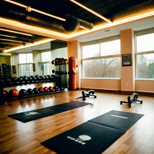 Современный тренажерный зал с оборудованием для тренировок и ярким освещением.