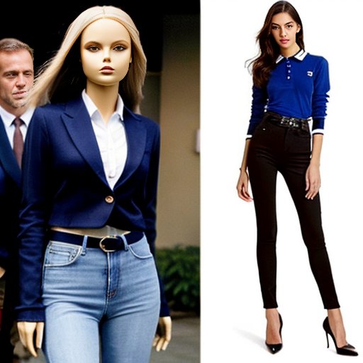 Стильная женская поло на манекене с разнообразными комплектами одежды и аксессуарами.