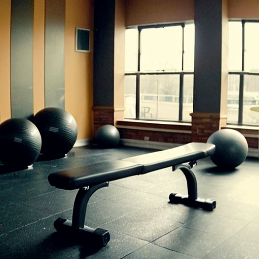 Фитнес-зал с гиперэкстензионной скамьей, окруженной гантелями и резиновыми лентами, яркое освещение и мотивационные постеры.