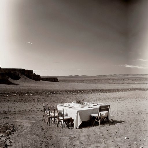 Пустынный ландшафт с треснувшей землей и пустыми тарелками, символизирующий обезвоживание и голод.