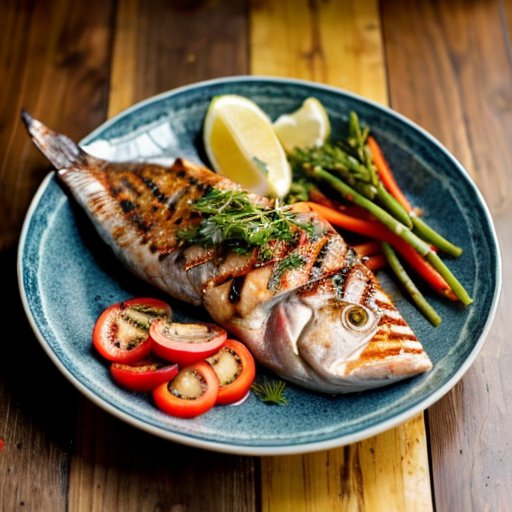 Тарелка с гречкой и филе рыбы, украшенная зеленью и специями, рядом яркие овощи на фоне деревянного стола.