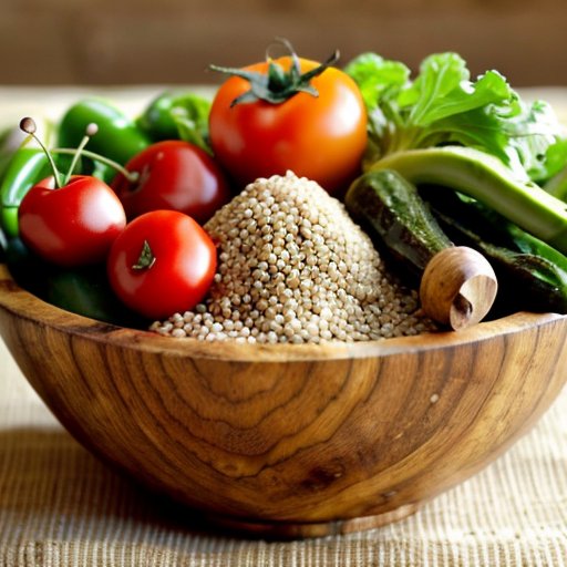 Деревянная чаша с гречкой, свежие овощи и специи на льняной скатерти.