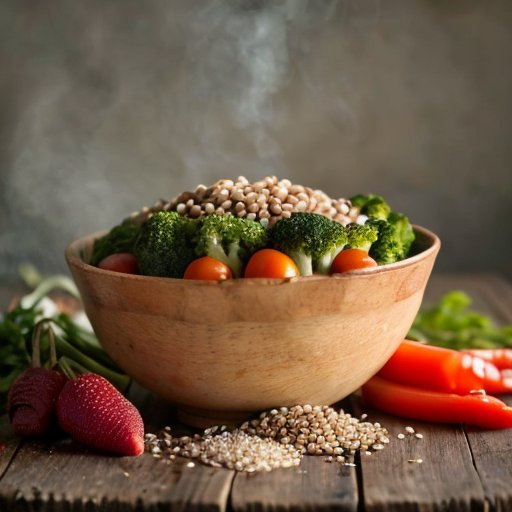 Чаша гречки с овощами и травами на деревянном столе, рядом рулетка для символики диеты.