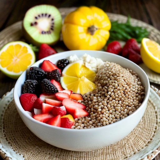 Деревянный стол с тарелкой гречки, стаканом кефира и свежими фруктами и овощами на натуральном фоне.