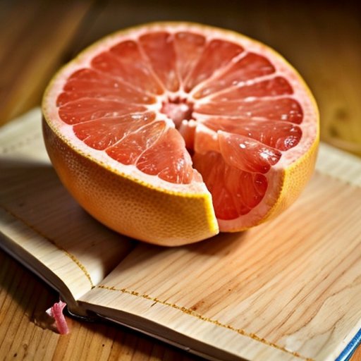 Сочный грейпфрут, нарезанный пополам, на деревянном столе с измерительной лентой, блокнотом и стаканом воды в теплых тонах.