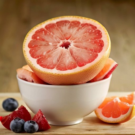 Яркий нарезанный грейпфрут на деревянном столе, окруженный источниками витаминов и антиоксидантов, в уютной вечерней атмосфере.