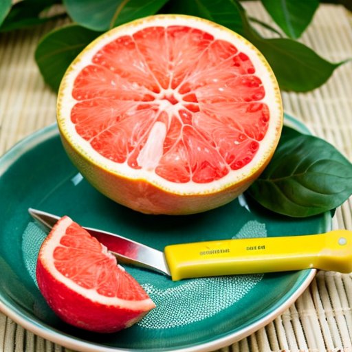 Сочный грейпфрут, разрезанный пополам, окружённый зелеными листьями, с рулеткой и весами на фоне для символики здоровья и похудения.