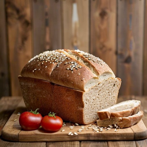 Выставка здорового хлеба: цельнозерновой, ржаной и безглютеновый сорта на деревянном столе с зернами и овощами.