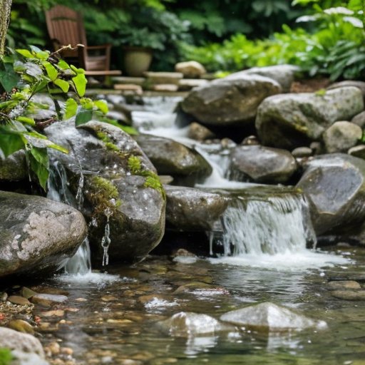 Спокойный пейзаж с холодным ручьем и деревянным ведром с водой.