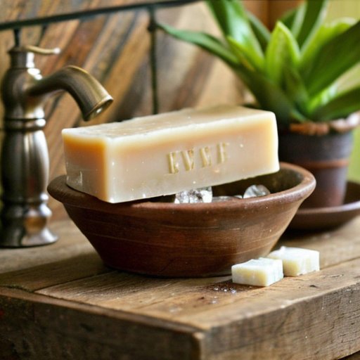 Винтажное мыло на деревянной полке в ванной, окруженное растениями и аксессуарами.