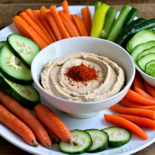 Здоровая закуска: хумус с овощами и питой на деревянном столе.