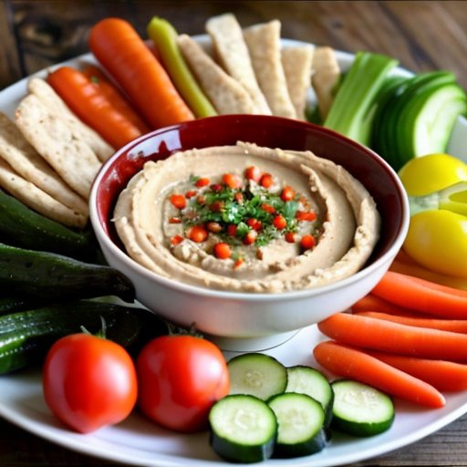 Разноцветный натюрморт с кремовым хумусом, свежими овощами и питой на деревянном столе.