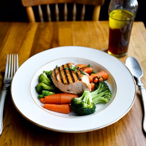 Элегантно оформленная тарелка с курицей, овощами, киноа и травяным чаем.