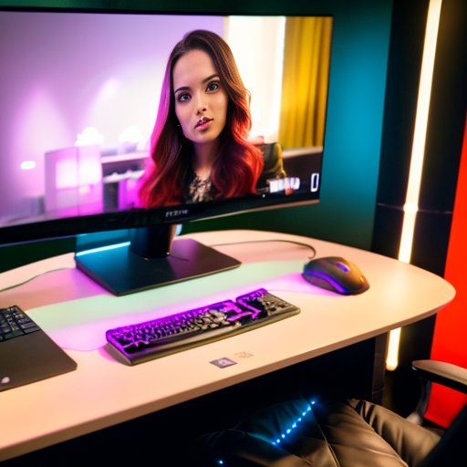 Яркий игровой уголок с стильным столом, монитором и уютным креслом.