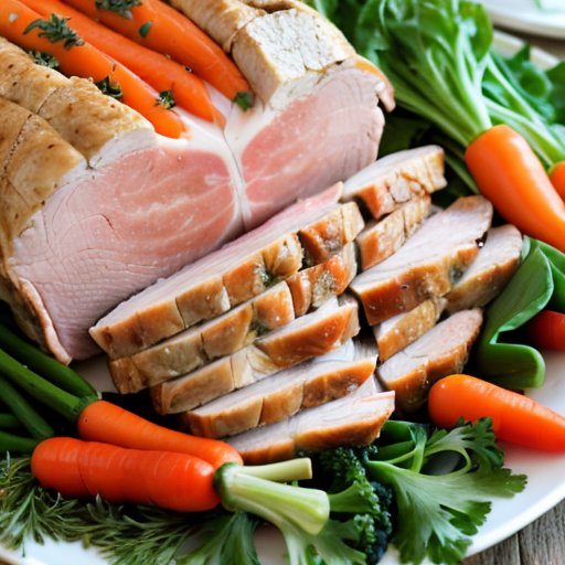 Праздничная тарелка с жареной индейкой, украшенная зеленью и овощами, с указанием питательных веществ.