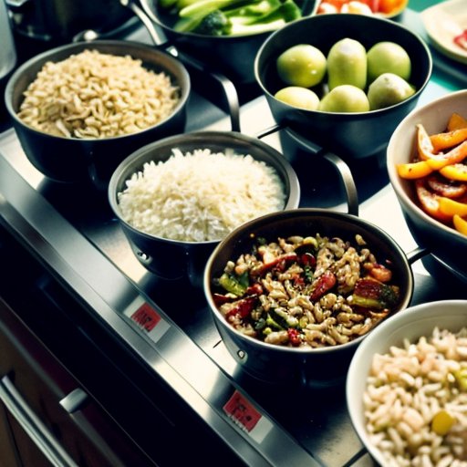 Организованная станция для приготовления еды для бодибилдинга с яркими сбалансированными блюдами.