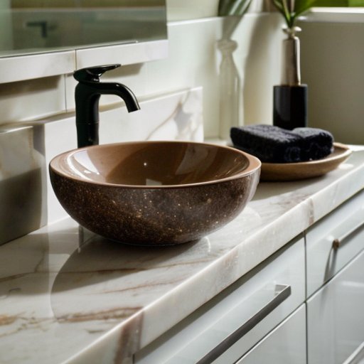 Современная бритва на чистом столешнице, рядом с лосьоном и теплой водой, создающая атмосферу спокойствия и заботы о grooming.