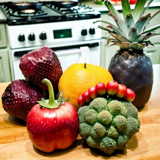 Яркая кухня с фруктами и овощами, сбалансированное питание, блокнот с планом диеты, гантели и бутылка воды.