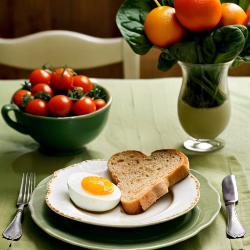 Завтрак: яичница, овощи, тосты, фрукты, сок и кофе.