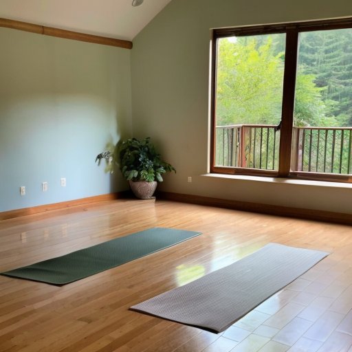 Серене йога-студия с мягким освещением, ковриками и зеленью за окном.