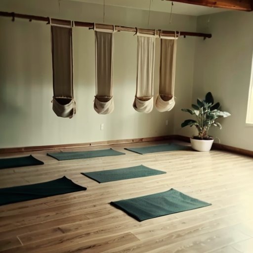 Уютная йога-студия с подвесными гамками и естественными элементами.