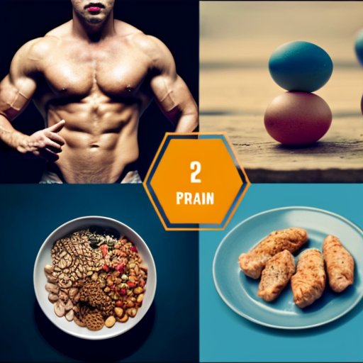 Элементы для роста мышц: штанга, высокобелковая еда, часы и ДНК.