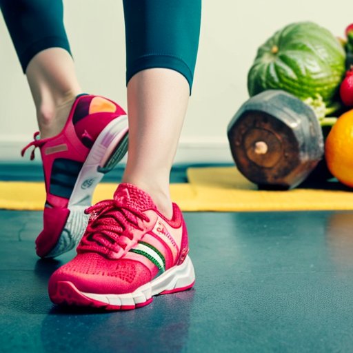 Сбалансированные весы: фрукты и овощи для здорового питания, спортивная обувь и гантель для физической активности, календарь с отмеченными датами.