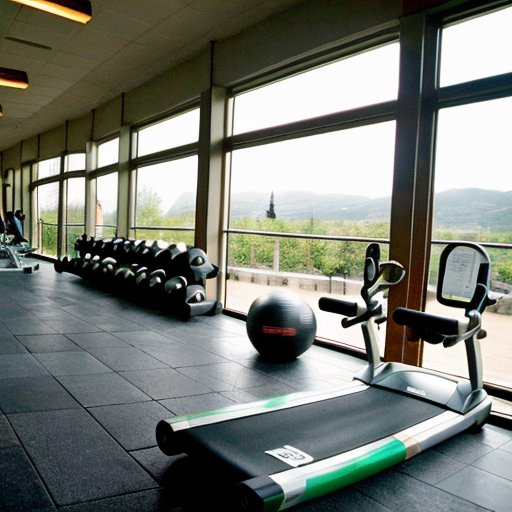 Организованное фитнес-пространство с тренажерами, здоровой едой и планом тренировок.