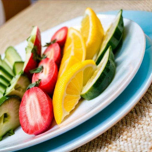 Здоровая тарелка с овощами, белками и цельными злаками, стакан воды и сантиметровая лента на фоне.