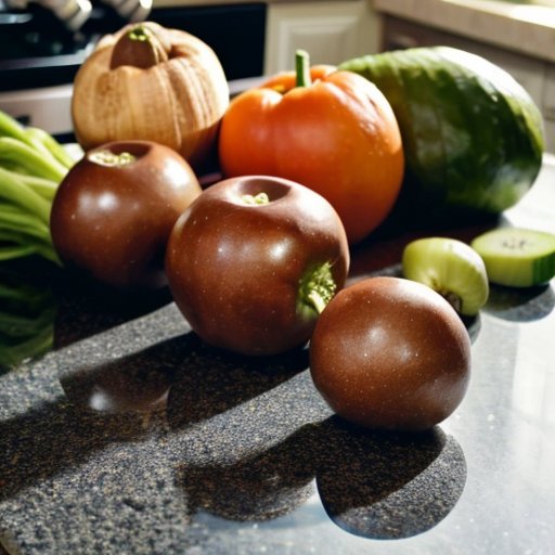 Организованная кухня с овощами, фруктами, злаками, гантелями и йога-матом, символизирующая здоровье и мотивацию.