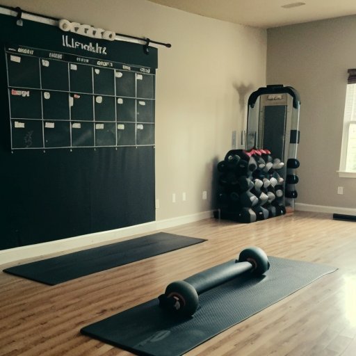 Организованное пространство для тренировок с фитнес-оборудованием и планами питания.