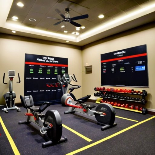 Современный спортзал с оборудованием, зоной для питания и стендом с тренировочным планом.