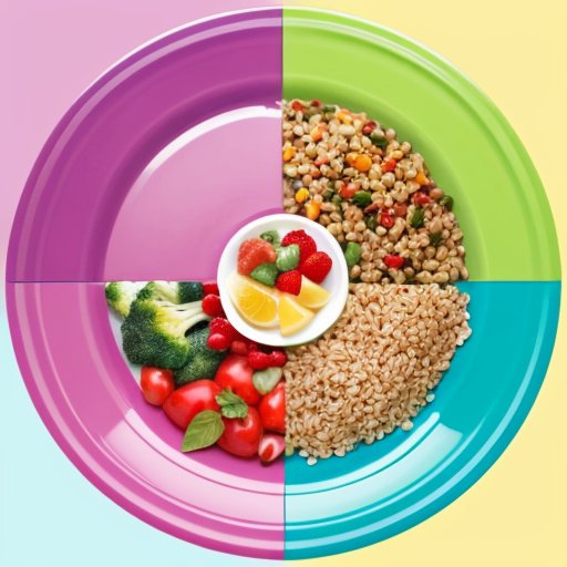 Яркая тарелка с разнообразной здоровой пищей и спортивной атрибутикой на фоне спокойной природы.