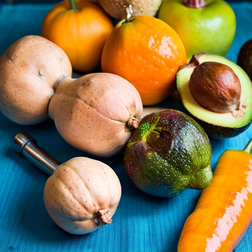 Кухонный стол с здоровой пищей для наращивания мышц и спортивным инвентарем.